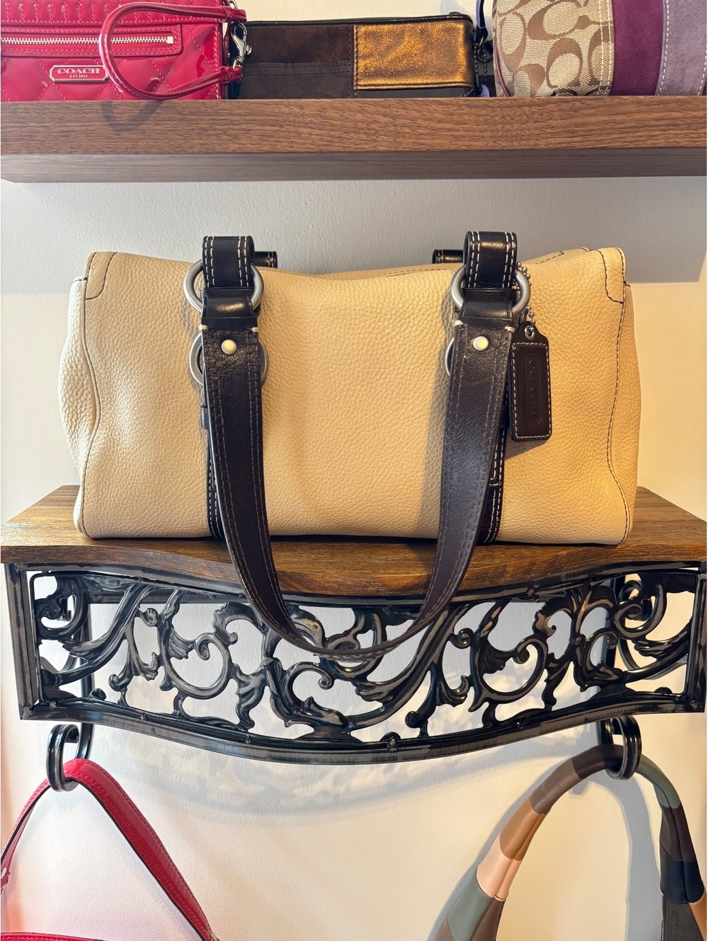 Coach Chelsea Pebbled Leather Shoulder Bag in Beige & Chocolate Brown + Dust Bag